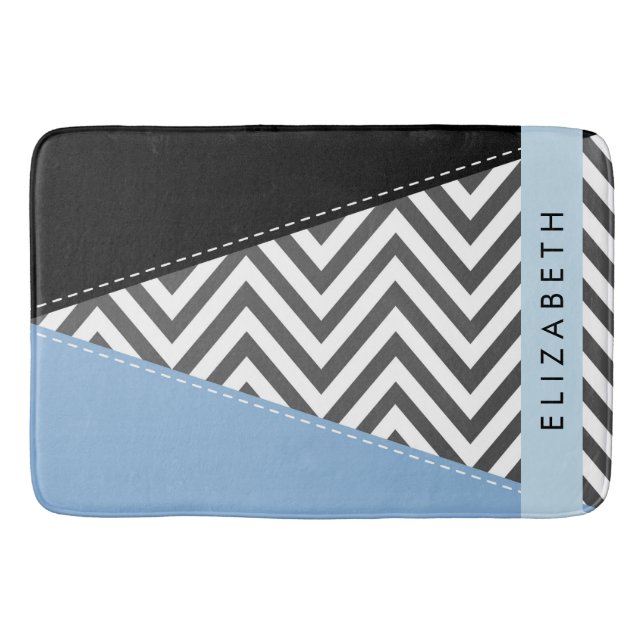 Gray Zigzag, Gray Chevron, Blue, Your Name Bath Mat (Front)