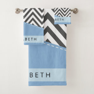 Gray Zigzag, Gray Chevron, Blue, Your Name Bath Towel Set