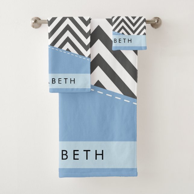 Gray Zigzag, Gray Chevron, Blue, Your Name Bath Towel Set (Insitu)