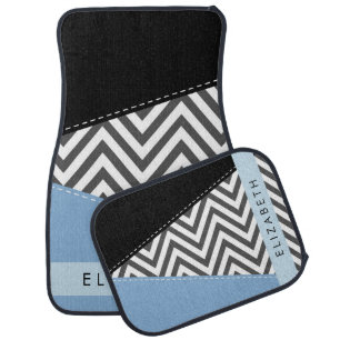Gray Zigzag, Gray Chevron, Blue, Your Name Car Floor Mat