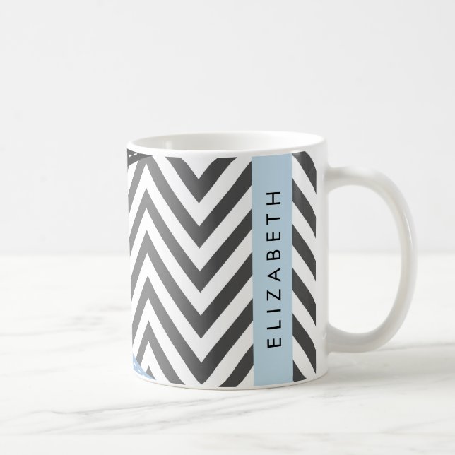 Gray Zigzag, Gray Chevron, Blue, Your Name Coffee Mug (Right)