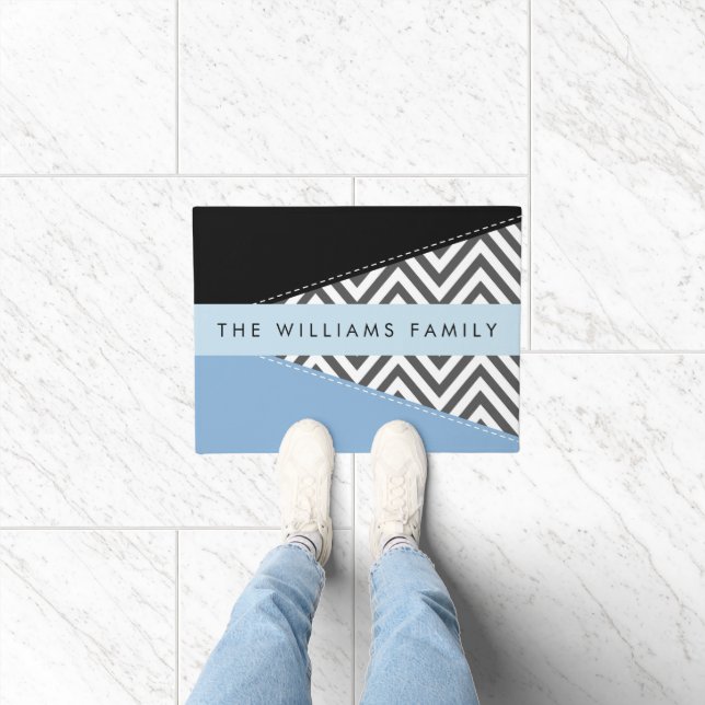 Gray Zigzag, Gray Chevron, Blue, Your Name Doormat (Indoor)