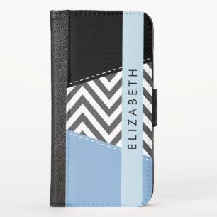 Gray Zigzag, Gray Chevron, Blue, Your Name iPhone X Wallet Case