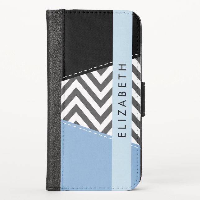 Gray Zigzag, Gray Chevron, Blue, Your Name iPhone Wallet Case (Front)