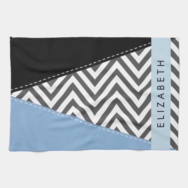 Gray Zigzag, Gray Chevron, Blue, Your Name Kitchen Towel (Horizontal)
