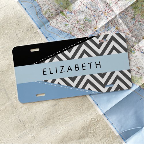 Gray Zigzag Gray Chevron Blue Your Name License Plate