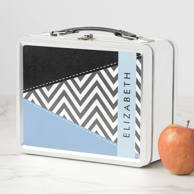 Gray Zigzag, Gray Chevron, Blue, Your Name Metal Lunch Box (In Situ)