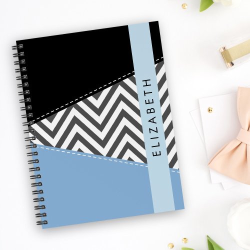 Gray Zigzag Gray Chevron Blue Your Name Notebook