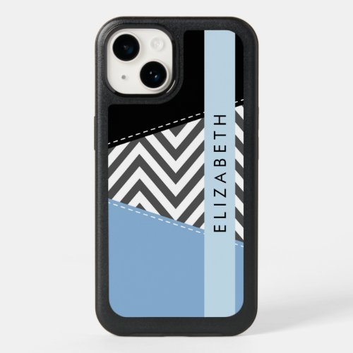 Gray Zigzag Gray Chevron Blue Your Name OtterBox iPhone 14 Case