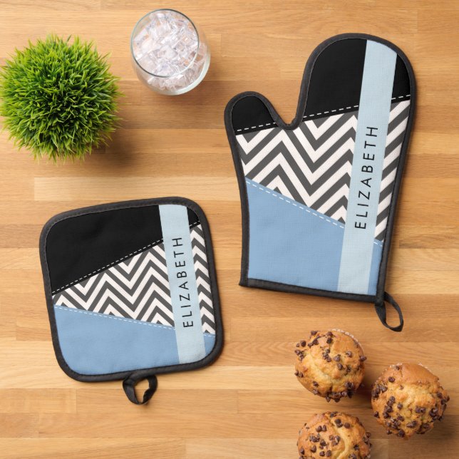 Gray Zigzag, Gray Chevron, Blue, Your Name Oven Mitt & Pot Holder Set (Top Down)