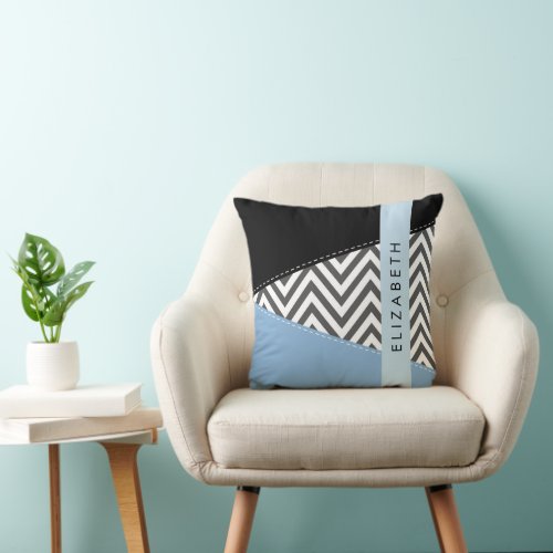 Gray Zigzag Gray Chevron Blue Your Name Throw Pillow