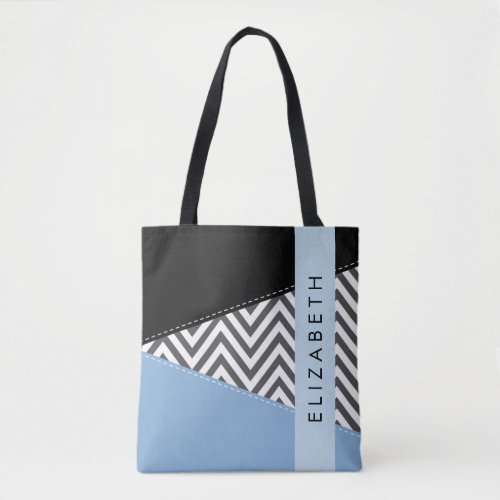 Gray Zigzag Gray Chevron Blue Your Name Tote Bag