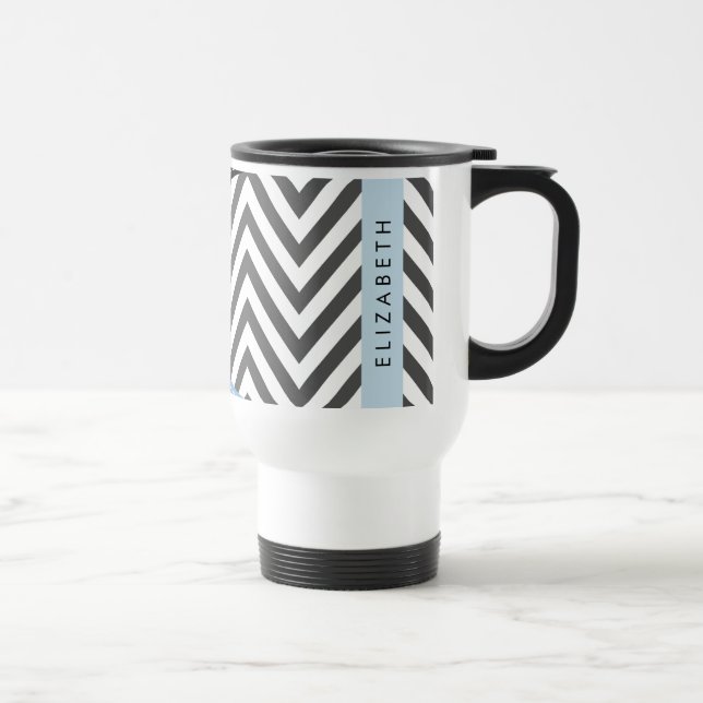 Gray Zigzag, Gray Chevron, Blue, Your Name Travel Mug (Right)