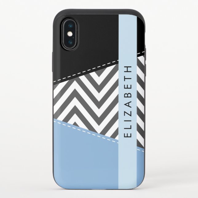 Gray Zigzag, Gray Chevron, Blue, Your Name Uncommon iPhone Case (Back)
