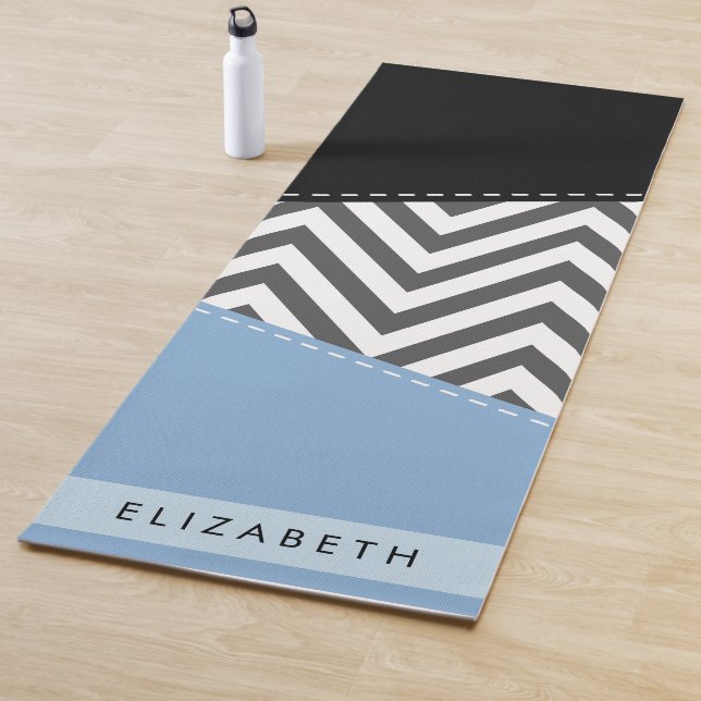 Gray Zigzag, Gray Chevron, Blue, Your Name Yoga Mat (In Situ)