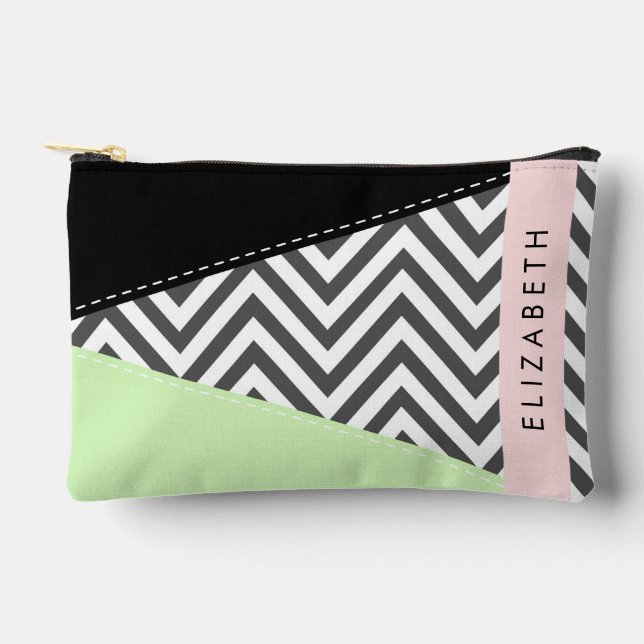 Gray Zigzag, Gray Chevron, Mint, Your Name Accessory Pouch (Front)
