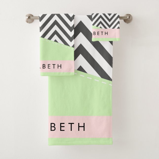 Gray Zigzag, Gray Chevron, Mint, Your Name Bath Towel Set (Insitu)