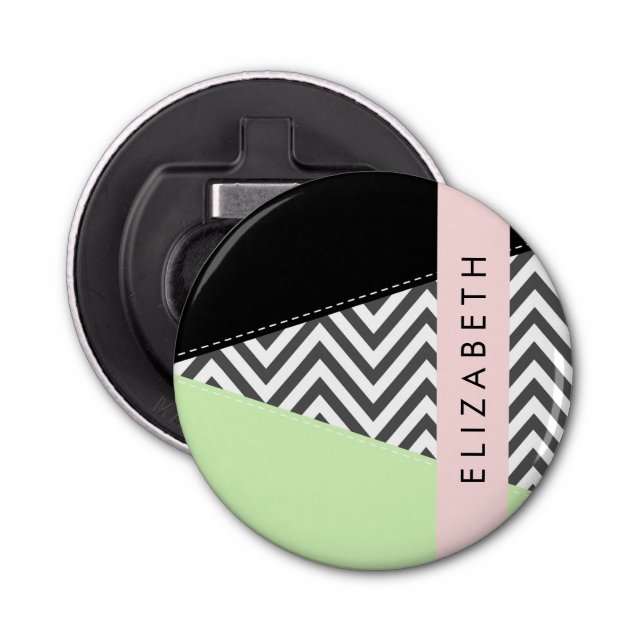 Gray Zigzag, Gray Chevron, Mint, Your Name Bottle Opener (Front)