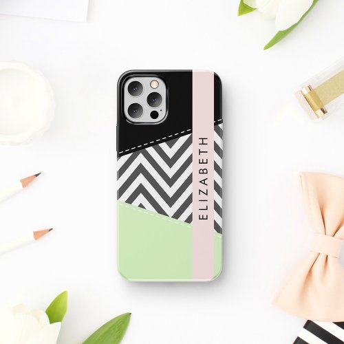 Gray Zigzag Gray Chevron Mint Your Name iPhone 12 Pro Case