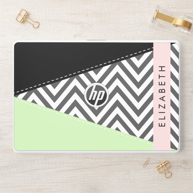 Gray Zigzag, Gray Chevron, Mint, Your Name HP Laptop Skin (Desk)