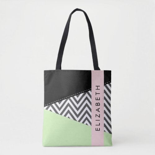 Gray Zigzag Gray Chevron Mint Your Name Tote Bag