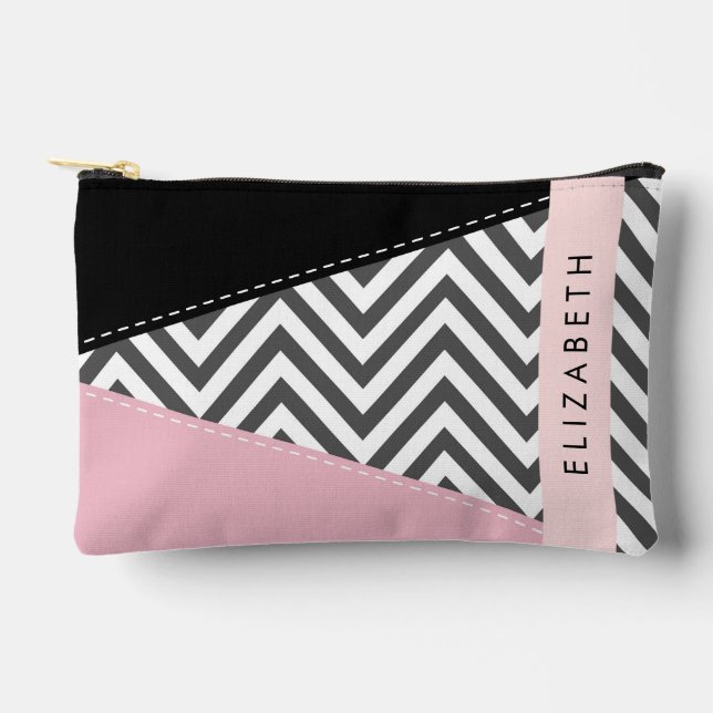 Gray Zigzag, Gray Chevron, Pink, Your Name Accessory Pouch (Front)