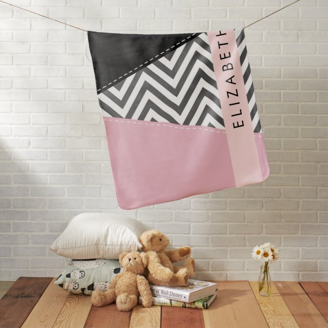 Gray Zigzag, Gray Chevron, Pink, Your Name Baby Blanket (In Situ)