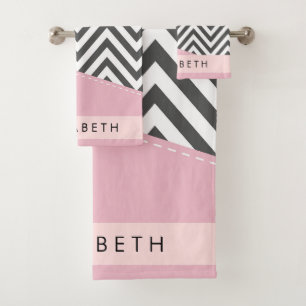 Gray Zigzag, Gray Chevron, Pink, Your Name Bath Towel Set