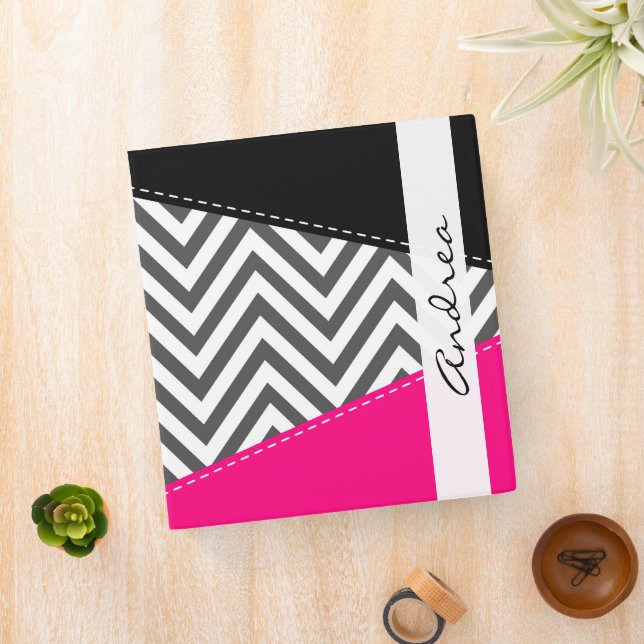 Gray Zigzag, Gray Chevron, Pink, Your Name Binder (In Situ)