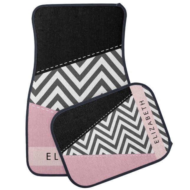 Gray Zigzag, Gray Chevron, Pink, Your Name Car Floor Mat (Set)