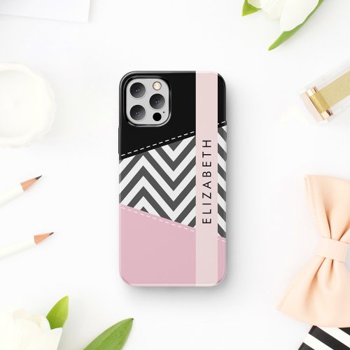 Gray Zigzag Gray Chevron Pink Your Name iPhone 12 Pro Case