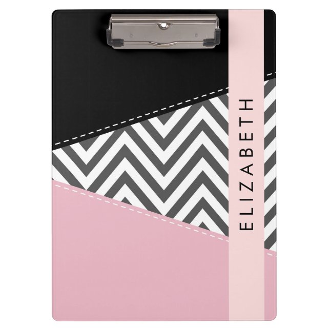 Gray Zigzag, Gray Chevron, Pink, Your Name Clipboard (Front)