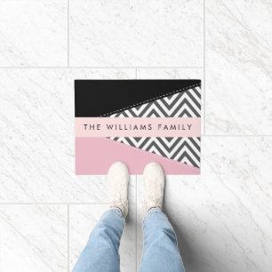 Gray Zigzag, Gray Chevron, Pink, Your Name Doormat