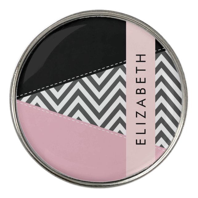 Gray Zigzag, Gray Chevron, Pink, Your Name Golf Ball Marker (Front)