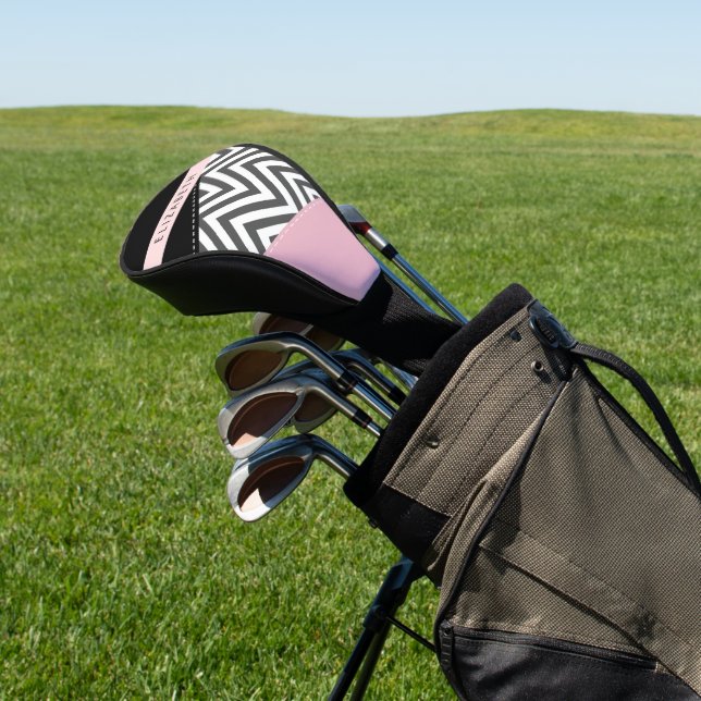 Gray Zigzag, Gray Chevron, Pink, Your Name Golf Head Cover (In Situ)