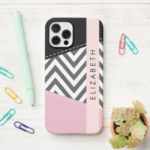 Gray Zigzag Gray Chevron Pink Your Name iPhone 12 Pro Case