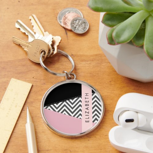 Gray Zigzag Gray Chevron Pink Your Name Keychain