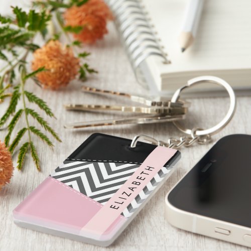 Gray Zigzag Gray Chevron Pink Your Name Keychain