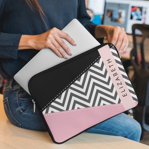 Gray Zigzag Gray Chevron Pink Your Name Laptop Sleeve