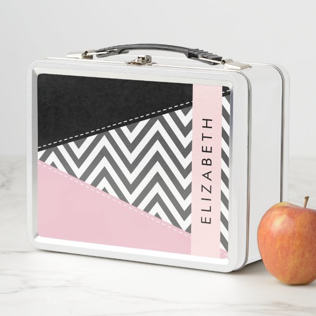 Gray Zigzag, Gray Chevron, Pink, Your Name Metal Lunch Box (In Situ)