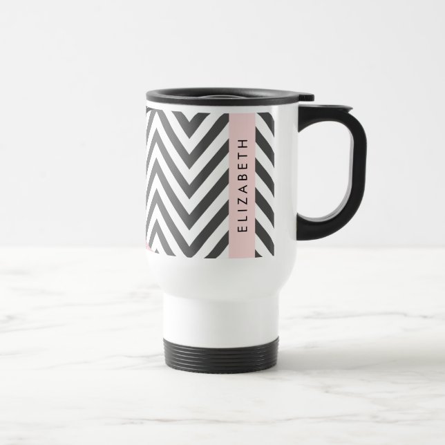 Gray Zigzag, Gray Chevron, Pink, Your Name Travel Mug (Right)