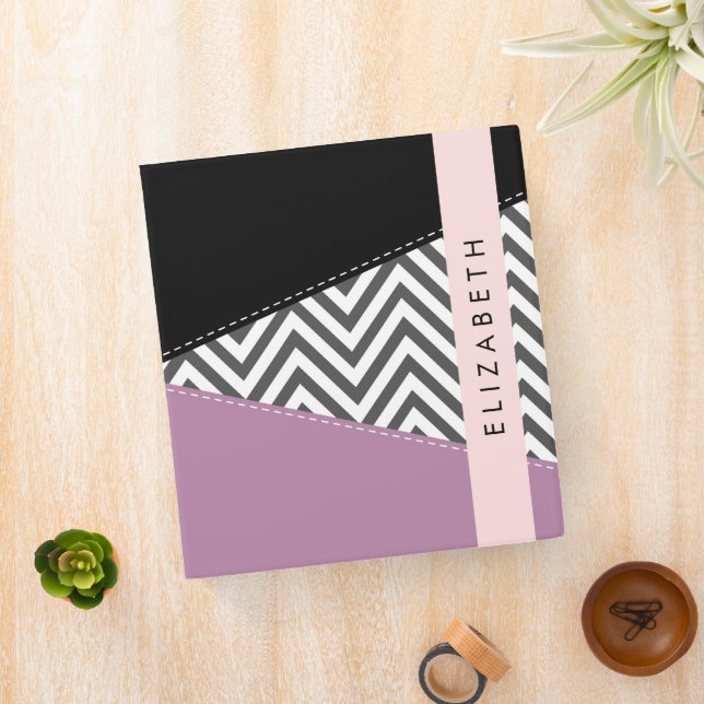 Gray Zigzag, Gray Chevron, Purple, Your Name 3 Ring Binder (In Situ)