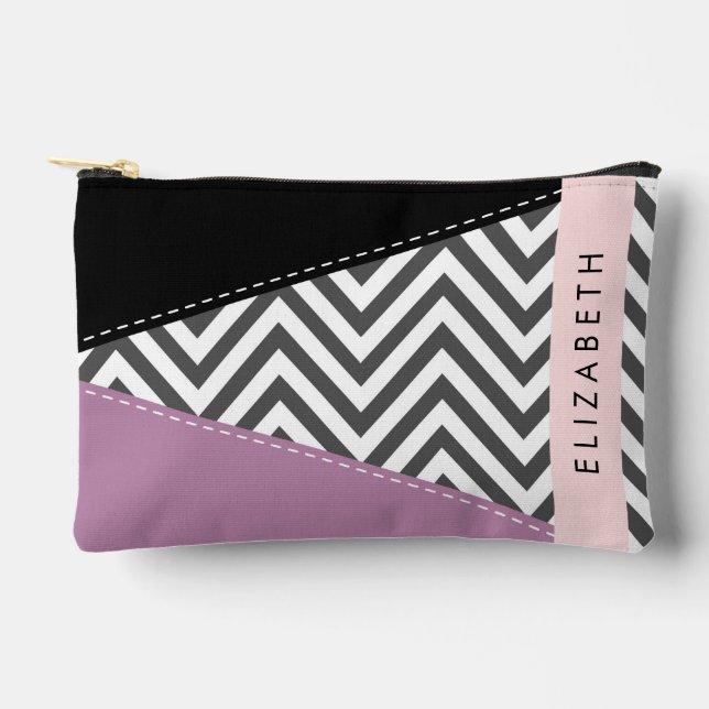 Gray Zigzag, Gray Chevron, Purple, Your Name Accessory Pouch (Front)