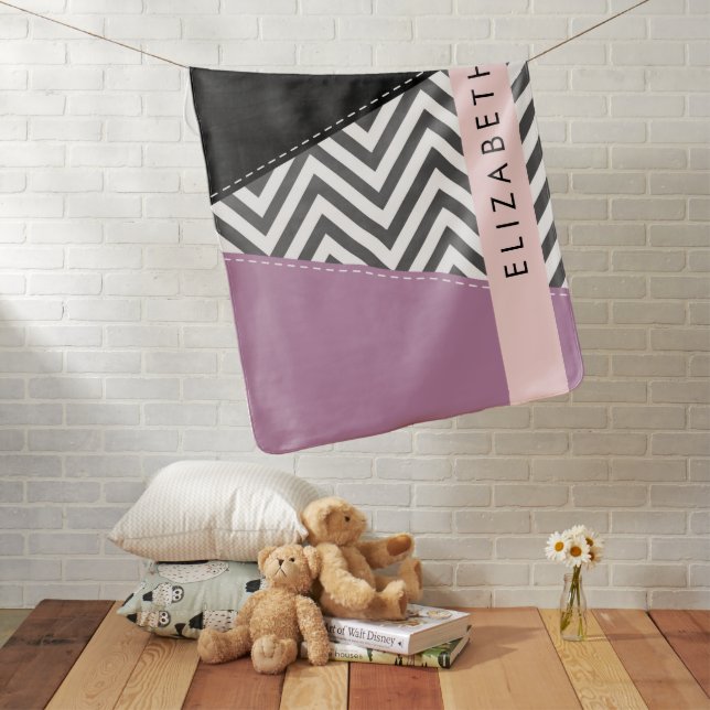 Gray Zigzag, Gray Chevron, Purple, Your Name Baby Blanket (In Situ)