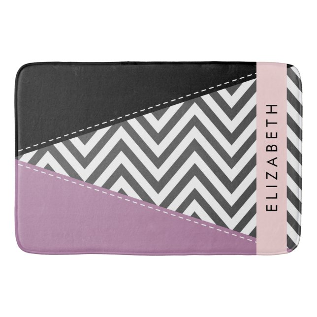 Gray Zigzag, Gray Chevron, Purple, Your Name Bath Mat (Front)