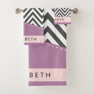 Gray Zigzag, Gray Chevron, Purple, Your Name Bath Towel Set