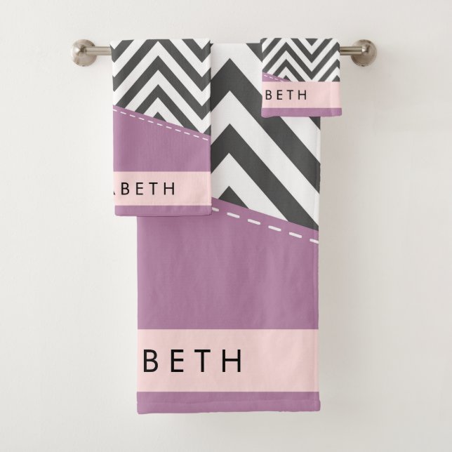 Gray Zigzag, Gray Chevron, Purple, Your Name Bath Towel Set (Insitu)