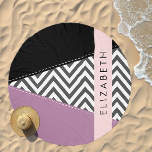 Gray Zigzag, Gray Chevron, Purple, Your Name Beach Towel