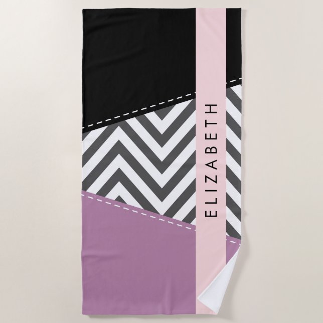 Gray Zigzag, Gray Chevron, Purple, Your Name Beach Towel (Front)