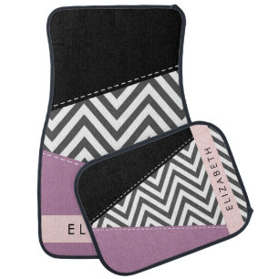 Gray Zigzag, Gray Chevron, Purple, Your Name Car Floor Mat